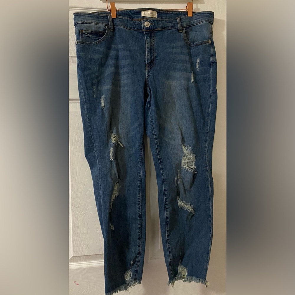 Eloquii Womens Denim Blue Jeans Distressed Skinny Plus Size 16G Raw Edge